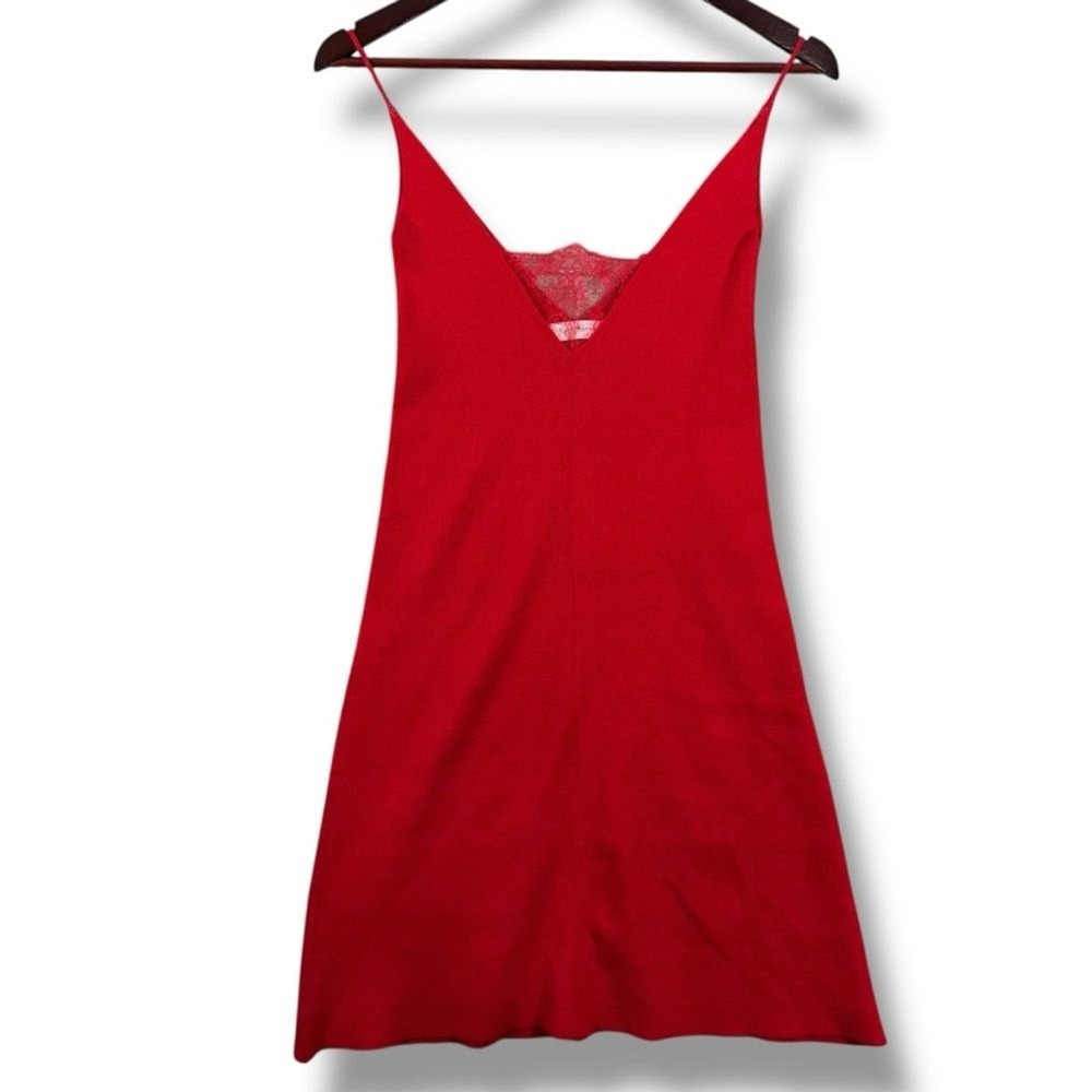 Ryan Roche Ribbed Knit Red Dress Lace Trim V-Neck Womens Small Knee Length - Picture 14 of 14